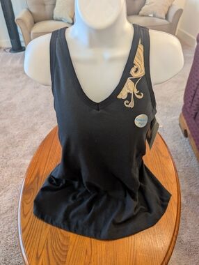 Black V-Neck Cotton Racer-back Athletic Top with Gold Accent, Size XL - NEW